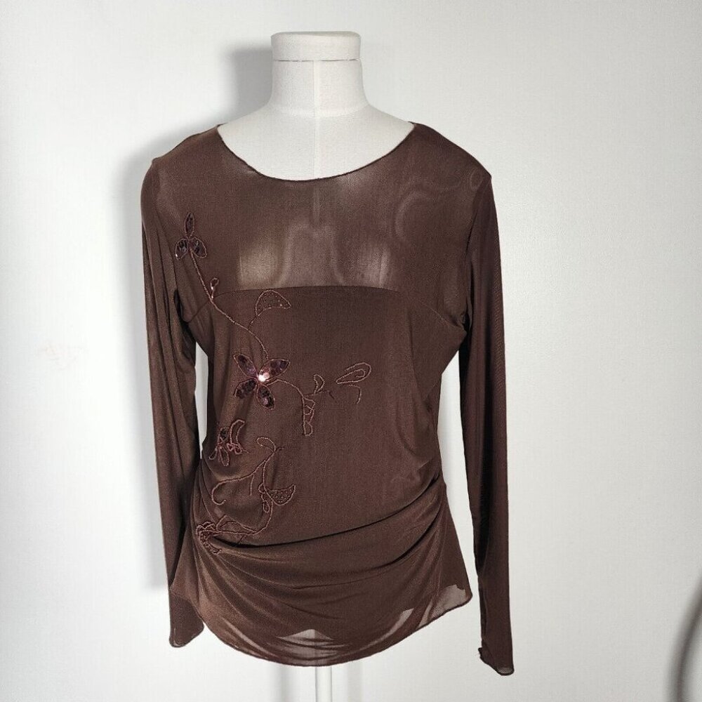 Brown Mesh Beaded Top Sheer Rouched Long Sleeve, Goblincore Whimsigoth Witchy M